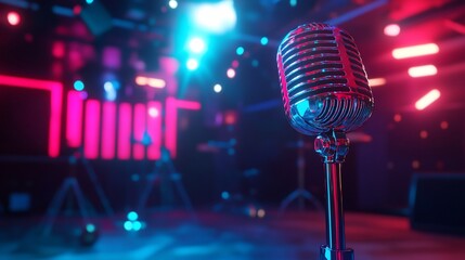 Retro Microphone on Stage with Neon Lights