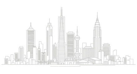Obraz premium Detailed line art of a city skyline showcasing iconic skyscrapers and buildings urban panorama