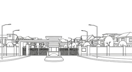 Black and white line drawing of residential neighborhood street scene at daytime
