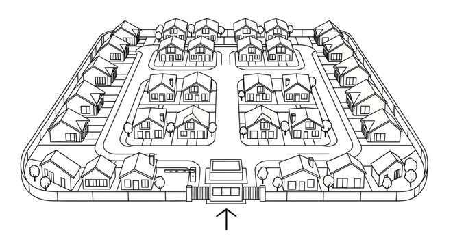 Detailed Black and White Illustration of a Residential Neighborhood Layout from Above View