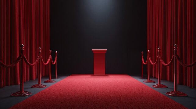 tunicle. Empty award podium on red carpet with velvet ropes, ceremonial space with soft lighting. event programs, museum guides, designed for cultural heritage projects and event programs.