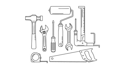 Outline illustration showcasing various construction tools arranged neatly on a white background