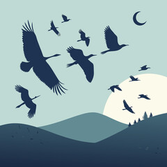 Silhouettes of various birds flying in formation across a serene landscape with rolling hills a crescent moon and a large sun rising or setting