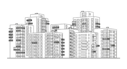 Obraz premium Architectural visualization of modern residential buildings with balconies drawn in line art style