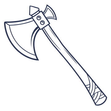 A stylized outline drawing of a medieval battle axe with a sharp curved blade and a wooden handle wrapped in bindings isolated on a white background