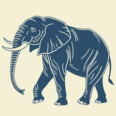 A majestic dark blue elephant with large ears and tusks walks confidently across a pale yellow background in a stylized graphic illustration