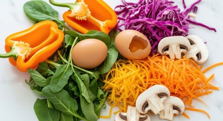 Healthy Food Arrangement Featuring Eggs Peppers and Vegetables