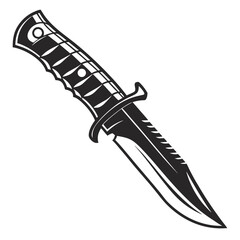 A striking black and white illustration of a tactical combat knife with a serrated blade and a textured grip isolated on a white background evoking a sense of danger and preparedness