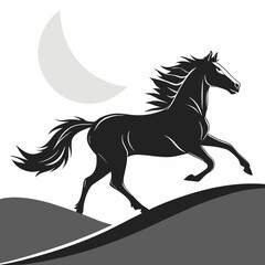 Majestic black stallion galloping across rolling hills under a crescent moon in a stylized silhouette illustration