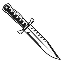 Stylized black and white illustration of a combat knife with a detailed grip and sharp blade isolated on a white background representing danger and power