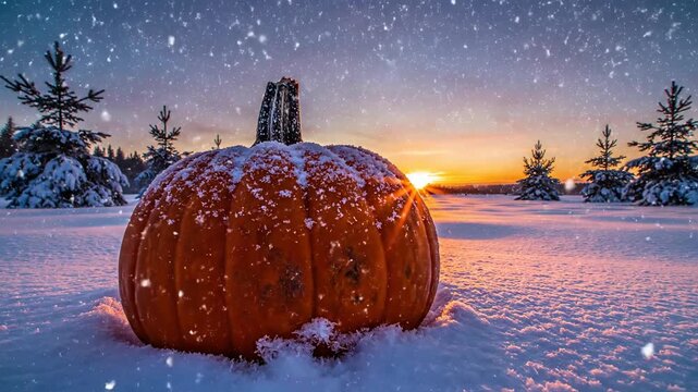 Pumpkins Winter Wonderland - A Snowy Sunset Surprise in the Forest. - Powered by Adobe