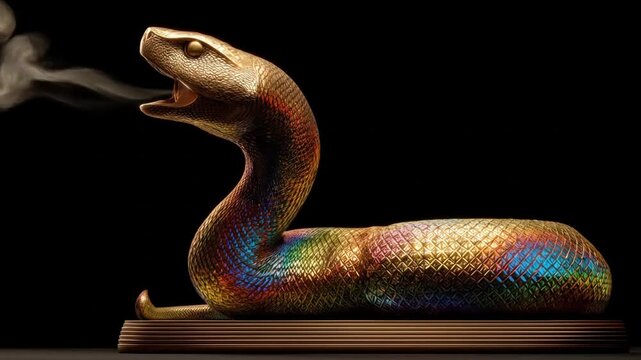 A regal golden serpent statue, with a rainbow shimmer, exhales smoke against a black background