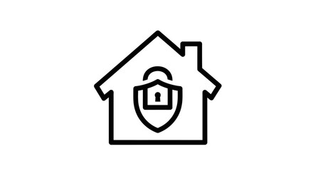 Iconic representation of home security with a house silhouette and a shield padlock symbol