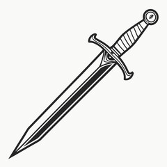 A stylized black and white illustration of a medieval sword with a pointed blade and a decorative hilt isolated on a white background representing combat and history