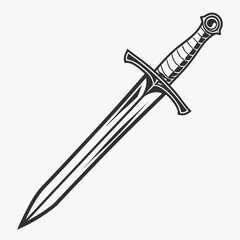 A detailed black and white illustration of a medieval knight s sword with a pointed blade and a decorative hilt isolated on a plain background