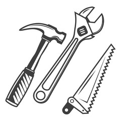 A collection of classic construction and repair tools including a hammer an adjustable wrench and a handsaw rendered in a clean bold black and white graphic style