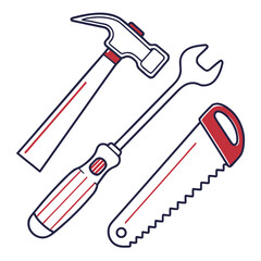 A stylized illustration of a hammer a wrench and a handsaw presented in a clean graphic style with bold outlines and red accents on a white background symbolizing diy projects and construction