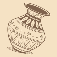 A simple line art illustration of a traditional clay pot with intricate decorative patterns and a beige background