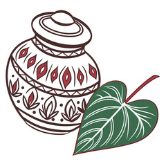 Traditional indian kalash pot with decorative patterns and a green leaf symbolizing auspiciousness and prosperity in cultural celebrations and rituals