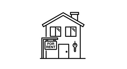Minimalist outline of a house with a for rent sign and key representing real estate opportunity
