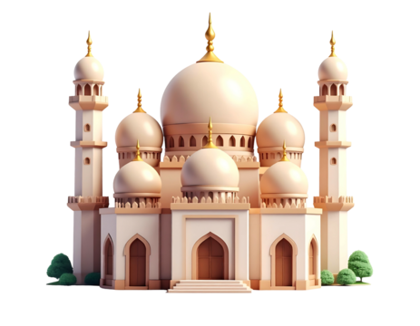 A stylized beige domed structure with many towers, windows and doors against a black background