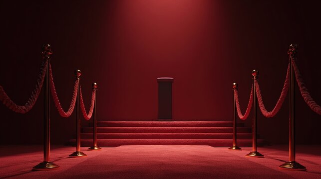 tunicle. Empty award podium on red carpet with velvet ropes, ceremonial space with soft lighting. event programs, museum guides, designed for cultural heritage projects and event programs.