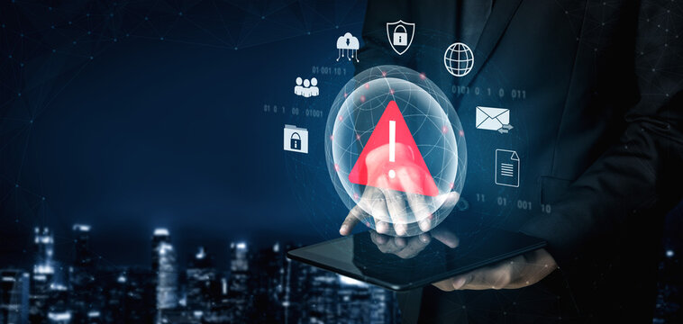 Red warning triangle representing a cybersecurity threat or data breach alert, surrounded by digital security and network protection icons, symbolizing cyber risk awareness Parse