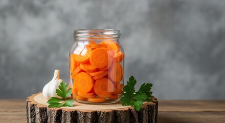Jar of sliced carrots with garlic and parsley on a wooden surface