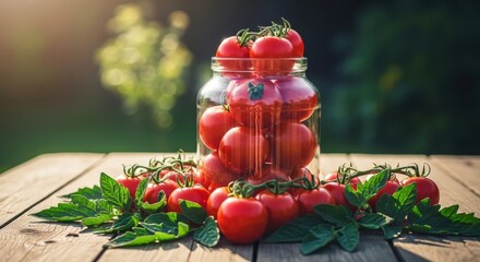 Jar Filled with Fresh Red Tomatoes on a Wooden Table