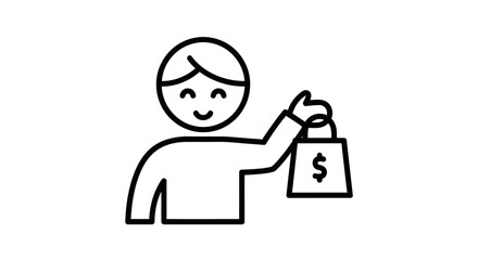 Happy Customer with Shopping Bag Icon, Outline Vector Illustration on White Background