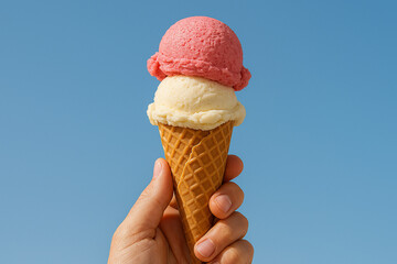 Hand holding strawberry and vanilla ice cream cone against blue sky.