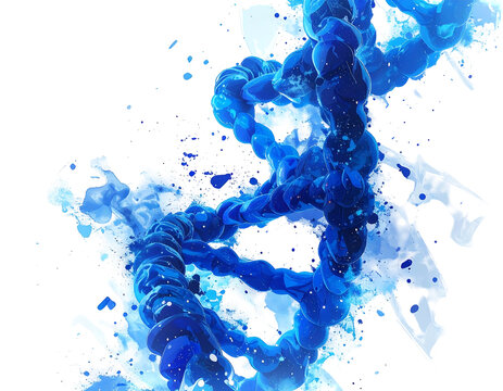 A stylized blue DNA helix twists against a stark black background, surrounded by abstract water-like splashes
