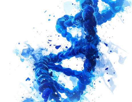 A stylized blue DNA helix twists against a stark black background, surrounded by abstract water-like splashes