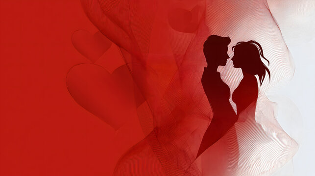 Romantic couple embracing in silhouette against a textured red and white background