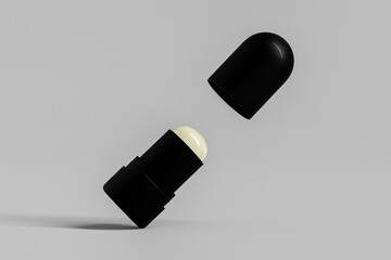 foundation Stick packaging mockup, glossy black plastic makeup twist up tube packaging, Sunscreen Stick Tubes with clear plastic cap, Cylindrical Deodorant Packaging, round Rotating lip balm container