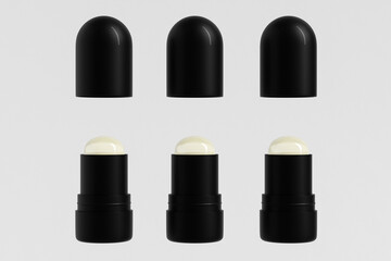 foundation Stick packaging mockup, glossy black plastic makeup twist up tube packaging, Sunscreen Stick Tubes with clear plastic cap, Cylindrical Deodorant Packaging, round Rotating lip balm container