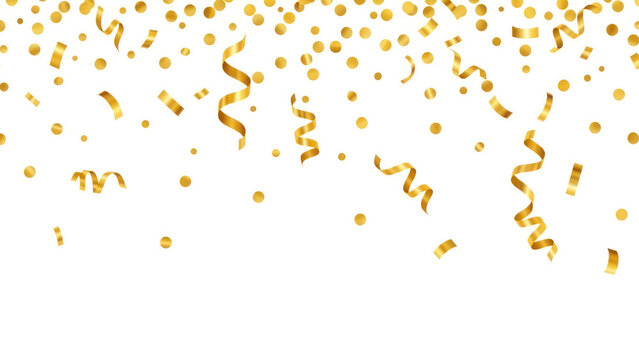 A collection of shiny gold confetti pieces falling randomly, displayed on a clean white background. Perfect for celebration themes, party designs, festive graphics, and event decorations.