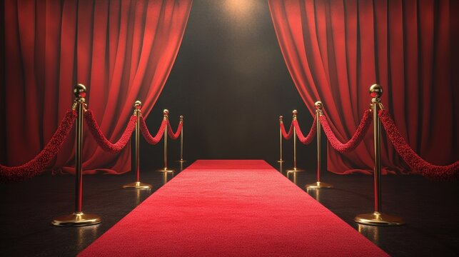 tunicle. Empty award podium on red carpet with velvet ropes, ceremonial space with soft lighting. event programs, museum guides, designed for cultural heritage projects and event programs.