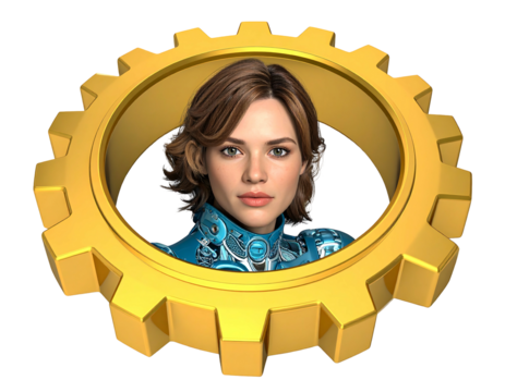 A stylized woman in a blue cyborg-like top, framed within a golden gear on a black background