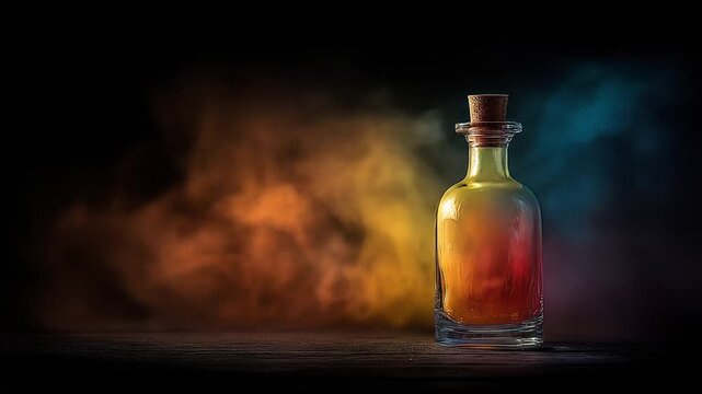 A glass bottle filled with colorful liquid is placed on a dark wooden surface. Smoky background