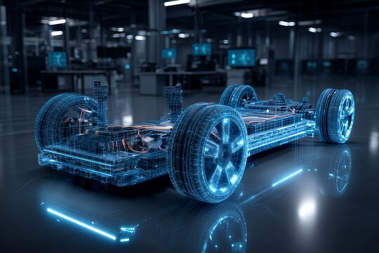 Futuristic electric vehicle chassis with battery pack 3D holographic rendering in blue neon wireframe style. Modern automotive engineering, clean energy powertrain, and smart manufacturing technology 