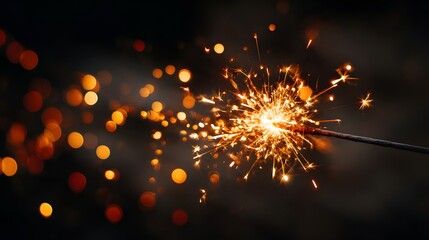 Captivating Moment of a Bright Sparkler Burning in the Darkness with Stunning Golden Bokeh Lights in the Background