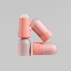 Cosmetic Blush Stick mockup, makeup twist up tube packaging mockup, pink plastic lipstick Tubes with clear translucent cap, Cylindrical Deodorant Packaging, Rotating foundation Solid Cream Tube