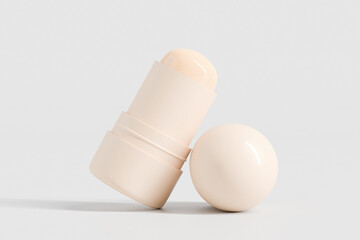 Cosmetic foundation Stick mockup, makeup twist up tube packaging, trendy Sunscreen Stick Tubes with close cap, Cylindrical pipstick Packaging, round shape Rotating Solid lip balm container in beige