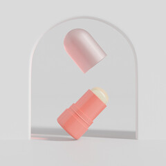 Cosmetic Blush Stick mockup, makeup twist up tube packaging mockup, pink plastic lipstick Tubes with clear translucent cap, Cylindrical Deodorant Packaging, Rotating foundation Solid Cream Tube