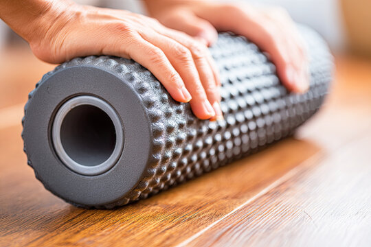 A person is using a foam roller on a wooden surface, emphasizing physical therapy or exercise recovery.