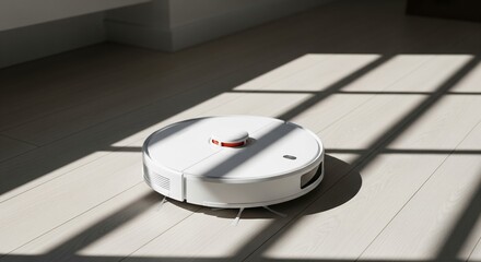 Modern white robotic vacuum cleaner cleaning wooden floor in living room with sunlight and shadows
