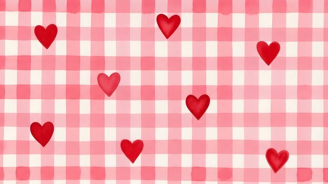 pink gingham pattern background with red hearts on.