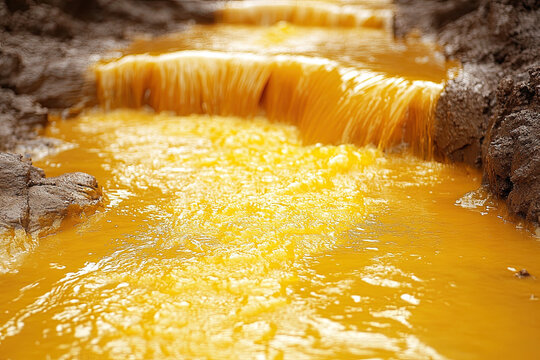 A vibrant, flowing stream of orange liquid cascades over rocky terrain, creating a striking contrast against the dark surroundings.