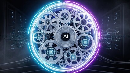 Harness the Power of AI with this Stunning Visual of Interconnected Gears and Circuits, Perfect for Tech Companies and Innovative Startups Seeking a Modern Aesthetic